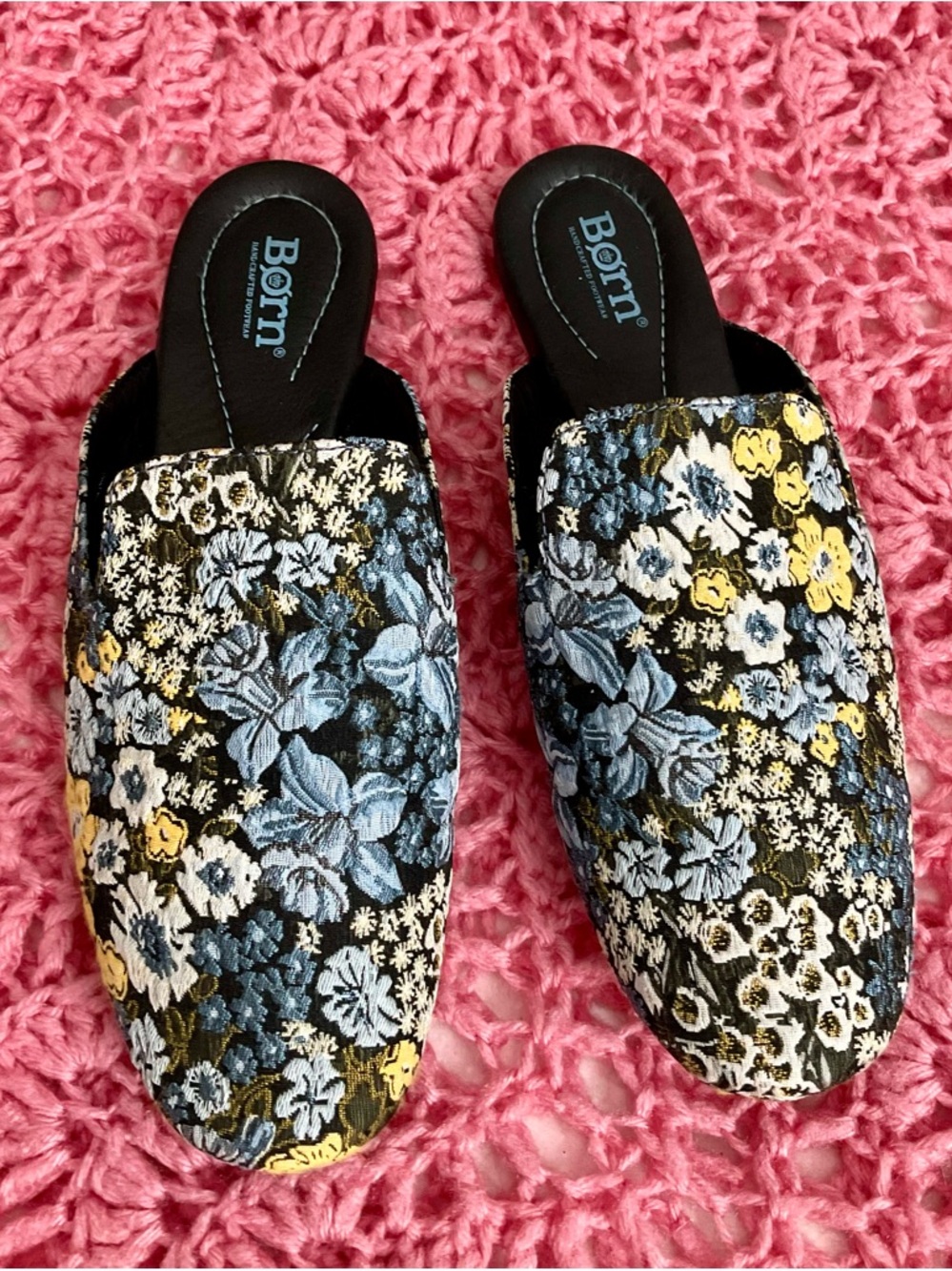 Born Floral Embroidered Slip-On Mules in Black, Blue, Yellow